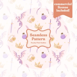 Puede incluir: Patrón sin costuras con elementos de fantasía como dragones, coronas, espadas, botellas de pociones y medallones en una paleta de colores suaves. El diseño incluye el texto "Seamless Pattern" y "Peachy Pink Studios". Se incluye una licencia comercial.