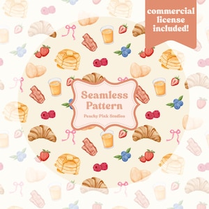 Op de afbeelding: Een naadloos patroon met aquarel illustraties van ontbijtproducten: pannenkoeken, croissants, spek, sap, eieren en bessen. De tekst "Seamless Pattern" en "commercial license included!" zijn zichtbaar.