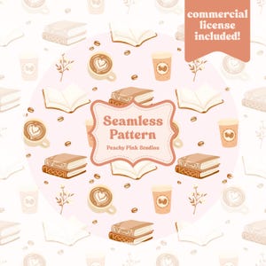 Op de afbeelding: Een naadloos patroonontwerp met boeken, koffiekopjes, koffiebonen en bloemige takjes in bruin- en beigetinten op een roze achtergrond. Het ontwerp bevat de tekst "Seamless Pattern" en "Peachy Pink Studios".