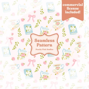 Op de afbeelding: Een naadloos patroon met theekopjes, theepotten, boeken, strikken en rozen in pastelkleuren. Het ontwerp bevat de tekst "Seamless Pattern" en "Peachy Pink Studios". Een commerciële licentie is inbegrepen.