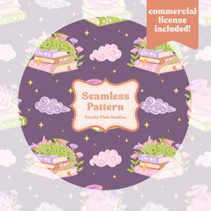 Dreaming of Fantasy Seamless Pattern PNG 12x12, Digital Download, Commercial Use, dragons stack of books romantasy booklover reader