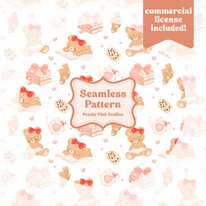 Op de afbeelding: Een naadloos patroon met teddyberen, boeken, koekjes, theepotten, sokken en geschenkdozen in zachte roze en bruine tinten. Het ontwerp bevat de tekst "Seamless Pattern" en is geschikt voor diverse toepassingen.