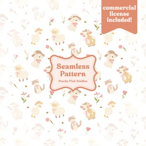 Op de afbeelding: Een naadloos patroon met cartoon illustraties van boerderijdieren, waaronder schapen, koeien, eenden en katten, versierd met hoeden en strikken. Het ontwerp bevat bloemen en bijen, met de tekst "Seamless Pattern" en "Peachy Pink Studios".