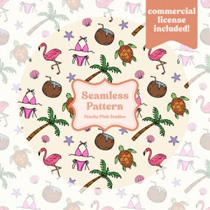 May include: Seamless pattern featuring hand-drawn illustrations of a flamingo, bikini, coconut, sea turtle, palm tree, seashell, and starfish. The pattern is in a tropical theme with a light beige background. The text "Seamless Pattern" is included.
