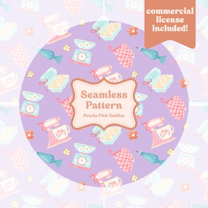 Op de afbeelding: Een naadloos patroon met bakmotieven, waaronder roze mixers, vintage weegschalen, ovenwanten en eierdozen op een lila achtergrond. Het ontwerp bevat de tekst "Seamless Pattern" in een decoratief kader. De tekst "commercial license included!" is ook aanwezig.