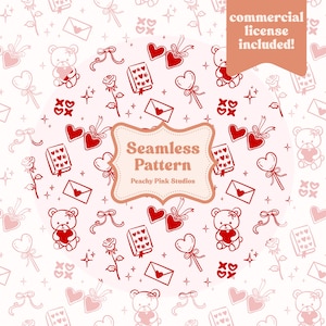 Op de afbeelding: Een naadloos patroonontwerp met rode en roze Valentijnsdag illustraties. Het patroon bevat harten, teddyberen, rozen, boeken, enveloppen en lolly's. De tekst "Seamless Pattern" en "Peachy Pink Studios" is ook zichtbaar.