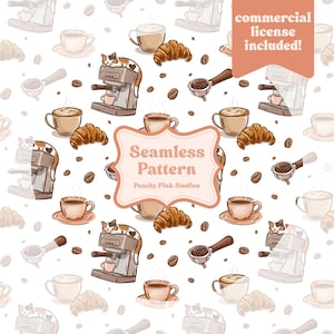 Coffee Addict Seamless Pattern PNG 12x12, Digital Download, Commercial Use, cute cat funny latte cappuccino