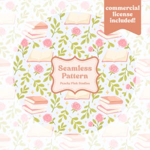 Op de afbeelding: Een naadloos patroonontwerp met stapels boeken, open boeken, roze rozen en groene bladeren op een lichtblauwe achtergrond. Het ontwerp bevat de tekst "Seamless Pattern" en "Peachy Pink Studios". Een commerciële licentie is inbegrepen.