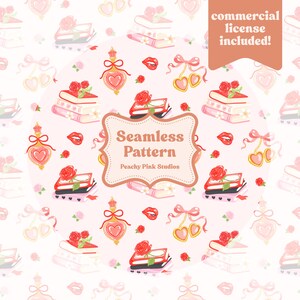 Op de afbeelding: Een naadloos patroon met illustraties van boeken, rozen, parfumflesjes, lippen en hartvormige kersen in roze en rode tinten. Het ontwerp bevat de tekst "Seamless Pattern" en "Peachy Pink Studios". Een commerciële licentie is inbegrepen.