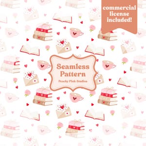 Op de afbeelding: Naadloos patroon met illustraties van boeken, koffiekopjes, enveloppen met harten en rozen in roze, rood en bruin. De tekst "Seamless Pattern" en "Peachy Pink Studios" wordt weergegeven.