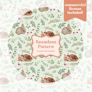 Op de afbeelding: Een naadloos patroon met aquarel illustraties van konijnen, hertjes en bladeren in bruin, groen en roze tinten. Het ontwerp bevat de tekst "Seamless Pattern" en "Peachy Pink Studios". Een commerciële licentie is inbegrepen.