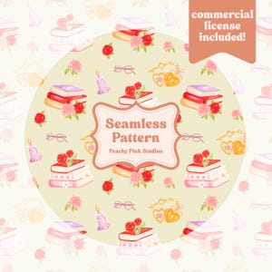 Op de afbeelding: Naadloos patroon met stapels boeken versierd met rode rozen, kaarsen, brillen en hartvormige medaillons. De tekst "Seamless Pattern" en "Peachy Pink Studios" staat op een label. Commerciële licentie inbegrepen.