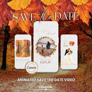 Puede incluir: Tres pantallas digitales verticales que muestran una plantilla de boda Save the Date. Los diseños incluyen hojas de otoño, una pareja en la playa y una ilustración de novios. El texto incluye SAVE THE DATE, We're Getting Married!, ROSA & DANIEL, 13.07.29 y Our love is as timeless as the seasons.
