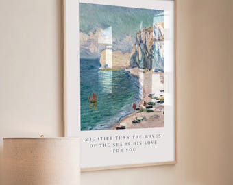 Arte mural más poderoso que las olas del mar Salmo 93:4 Arte mural cristiano azul Cita bíblica Versículo bíblico estético Arte cristiano moderno