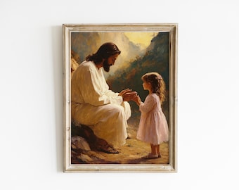 Jesus and Little Girl Praying Art, Christian Home Decor Digital Download, Modern Bible Painting, LDS Art, Jesus with Children, Faith Print