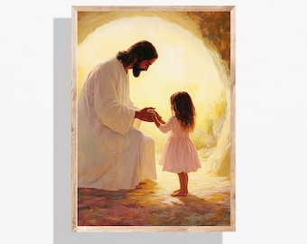 Jesus and Little Girl Art Print, Christian Home Decor, Digital Download, Jesus with Children, Bible Art, LDS Art, Prayer, Modern Christian