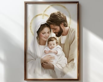 Holy Family Oil Painting | Catholic Art Printable Digital Download | Religious Home Decor & Wall Art, Jesus Mary and Joseph