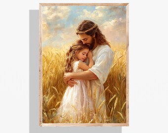 Warme omhelzing | Jezus knuffelt een meisje | Christelijke muurkunst | Jezusbeeld | Jezus houdt van je