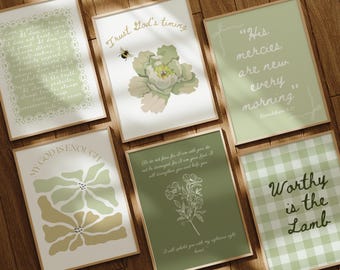 Pastel Green Christian Wall Art Prints: Bible Verse Gallery Set (Digital Download)