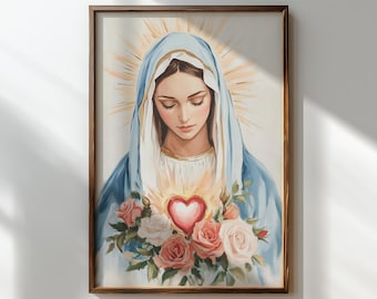 Immaculate Heart of Mary Art Print, Christian Home Decor, Religious Wall Art, Digital Download, Catholic Gift, Mother Mary Christian Artwork