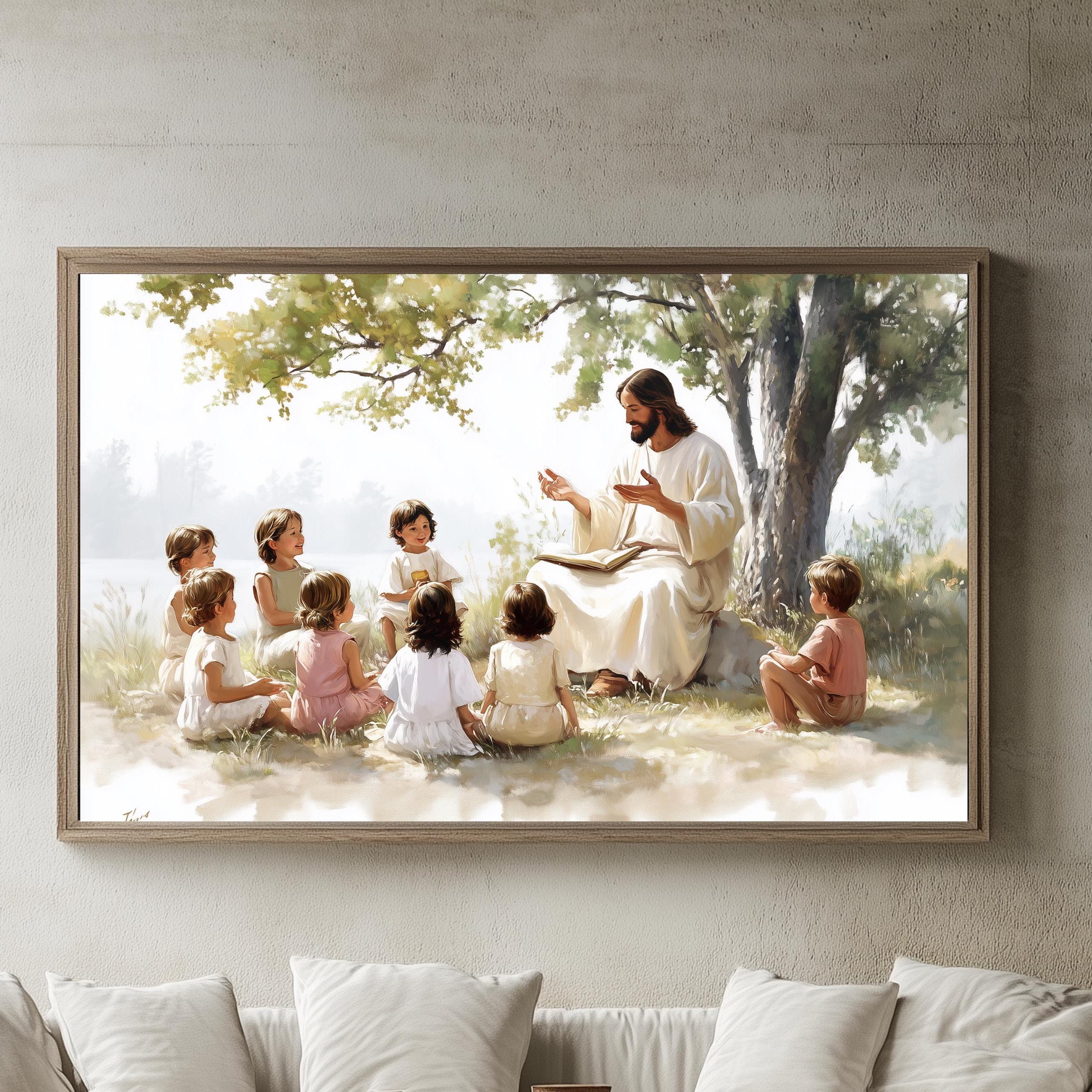 Jezus onderwijst kinderen, afdrukbare muurkunst, LDS-kunst, christelijke kunst, Jezus kunst aan de muur, Jezus portret, Jezus en kinderen.