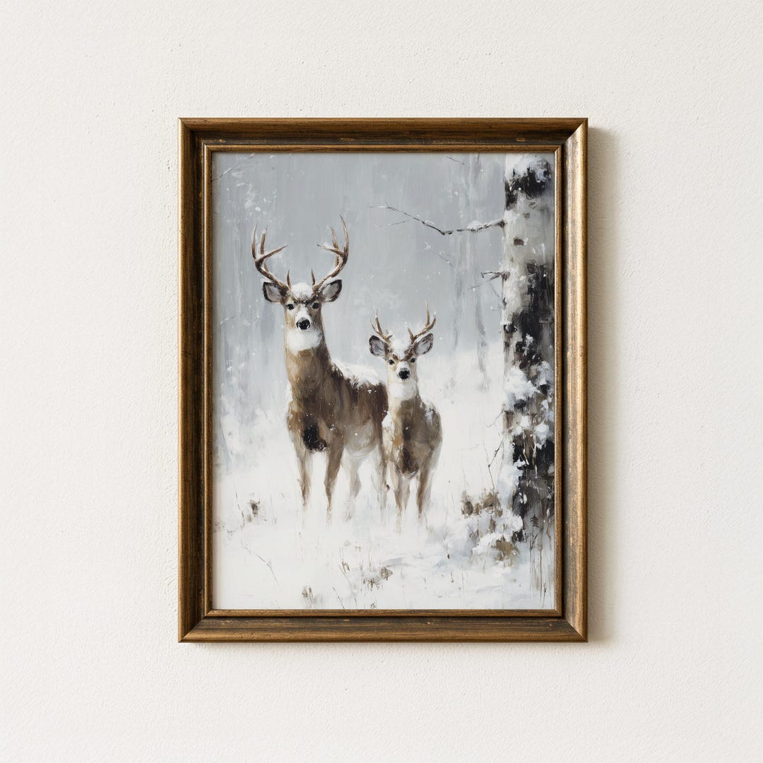 Vintage Deer Wall Art Printable, Rustic Winter Snowy Forest Scene ...