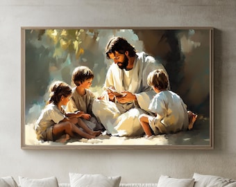 Jesus Teaching Children Watercolor Portrait, Christian Home Decor Printable, Bible Wall Art, Jesus with Children, Religious Kids Room Art