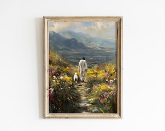 Jesus Walking with Lamb Print, Good Shepherd Wall Art, Vintage Christian Cottagecore Church Decor, Leaving the 99 Bible