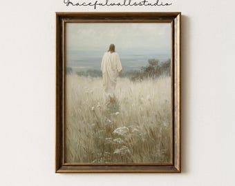 Good Shepherd Jesus Print, Vintage Christian Printable Wall Art, Cottagecore Church Decor, Lamb Painting, Jesus Leaving The 99Bible Verse