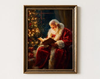 impression vintage du père Noël, art mural de Noël, décoration de Noël imprimable, père Noël nostalgique, lecture par le sapin de Noël, décoration de Noël numérique
