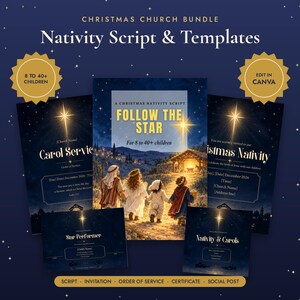 Könnte beinhalten: Ein Weihnachts-Kirchenpaket mit einem Krippenspiel-Skript und Vorlagen mit dem Titel Follow The Star. Das Set enthält eine Einladung, einen Ablaufplan, ein Zertifikat und einen Social-Media-Beitrag auf dunkelblauem Sternenhintergrund.