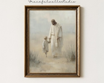 Walk With Him, Modern Christian Art, Jesus Walking with Boy, Jesus Picture, LDS Art, Bible Wall Art, Jesus with Children Art, Jesus Painting