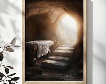 Può includere: Un dipinto che rappresenta una tomba di pietra con un telo bianco all'interno. La tomba è aperta e dei gradini conducono a una luce brillante alla fine di un tunnel.