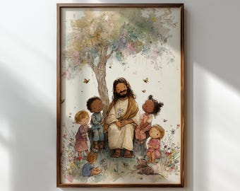 Jesus Teaching Children Art Print, Jesus praying with children, Jesus and child, Wall art, Faith Based art for rooms, nursery, school