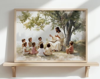 Jesus Teaching Children Art Print: Christian LDS Wall Decor (Digital Download), Jesus with Children Art, Printable Christ with children A36