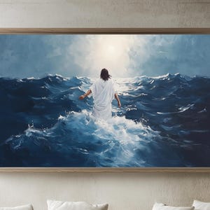 Jesus Christ Walking on Water, Christian Art, Digital Jesus Portrait, I Will Walk With Christ LDS, Jesus Oil Painting, Bible Verse Wall Art