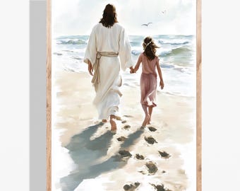 Jezus en meisje, christelijke kunst, Jezus loopt met een meisje, Jezus wordt afgedrukt, LDS-schilderij, bijbelmuurkunst, Jezus geneest een vrouw, Jezus voetstappen