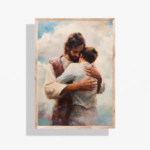 Jesus Hugging Boy Art | Christian Wall Decor, Bible Painting & Printable Art, Jesus with Children, LDS Home Decor