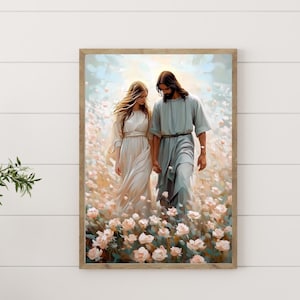 Jesus and woman Jesus Walking With A Woman Print | Christ Portrait & Bible Art | Watercolor Jesus Wall Art for Christian Decor