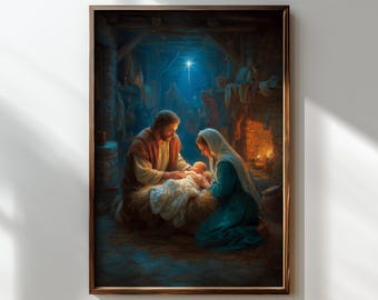 Szopka Bożonarodzeniowa, wydruk, świąteczna grafika ścienna do pobrania w wersji cyfrowej, plakat z narodzinami Jezusa, nowoczesna ilustracja szopki, religijne, Święta Rodzina 105