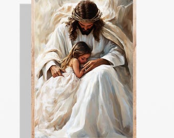 Jesus Embracing Child Wall Art, Christian Home Decor Digital Download, Jesus with Children, Faith-Inspired Gift for Religious Spaces A49