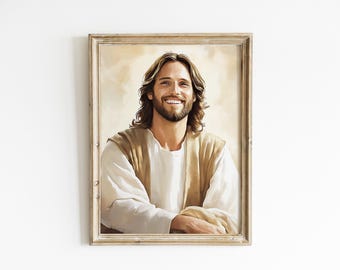 Smiling Jesus Painting, Inspirational Faith-Based Art, Christian Wall Decor, Religious Digital Download, Jesus Love Print, Catholic Gift A38