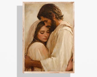 Jezus houdt van je | Jezus knuffelt een vrouw | Christelijke kunst | Jezus knuffelt een meisje | Jezus geneest een vrouw