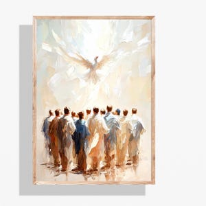 May include: A painting depicting a group of people looking up at a white dove descending from a bright light. The dove is surrounded by clouds and rays of light. The people are dressed in white and beige clothing. The painting is done in a realistic style with a soft, muted color palette.