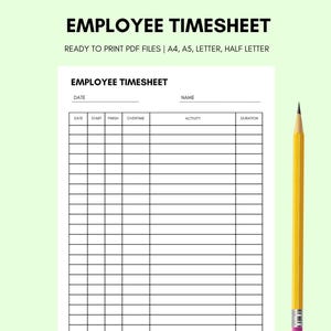 Könnte beinhalten: Eine schwarz-weiße druckbare Zeittabellenvorlage mit dem Titel "EMPLOYEE TIMESHEET" und dem Text "READY TO PRINT PDF FILES | A4, A5, LETTER, HALF LETTER". Die Vorlage enthält Spalten für Datum, Startzeit, Endzeit, Überstunden, Aktivität und Dauer. Am unteren Rand der Vorlage befinden sich die Texte "TOTAL HOURS" und "CREATED BY HUSTLING BESTIE".