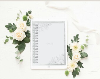 Może przedstawiać: Aplikacja dziennika cyfrowego na tablecie z białym tłem i białymi kwiatami. Aplikacja ma szaro-biały wzór kwiatowy i tekst "Digital Diary".