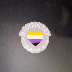 May include: A white sticker with a purple, yellow, and black heart and the text "Nonbinary All the Options Are Valid".