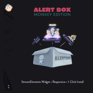 May include: An illustration of an "ALERT BOX MONKEY EDITION" with a cartoon monkey theme. The image includes the text "ALERT BOX" and "StreamElements Widget • Responsive • 1-Click Install".