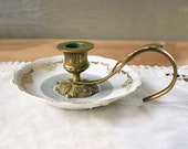 Brass and Porcelain Candle Holder, Vintage Brass Chamberstick on Porcelain Tray