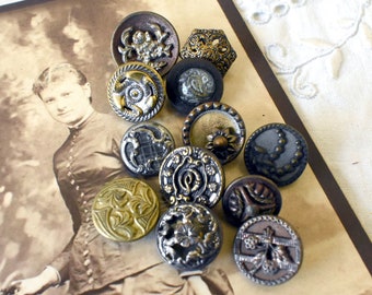 Antique Victorian BUTTON Lot Steel Cut Pewter Flora Fauna Brass Filigree - Antique Collector Metal Buttons (SP)